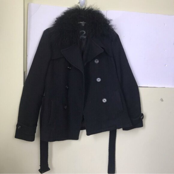 2 Xpose Boucle Pea Belted Coat Removable Fur Collar Pockets Texture Wool Short L - Picture 8 of 16